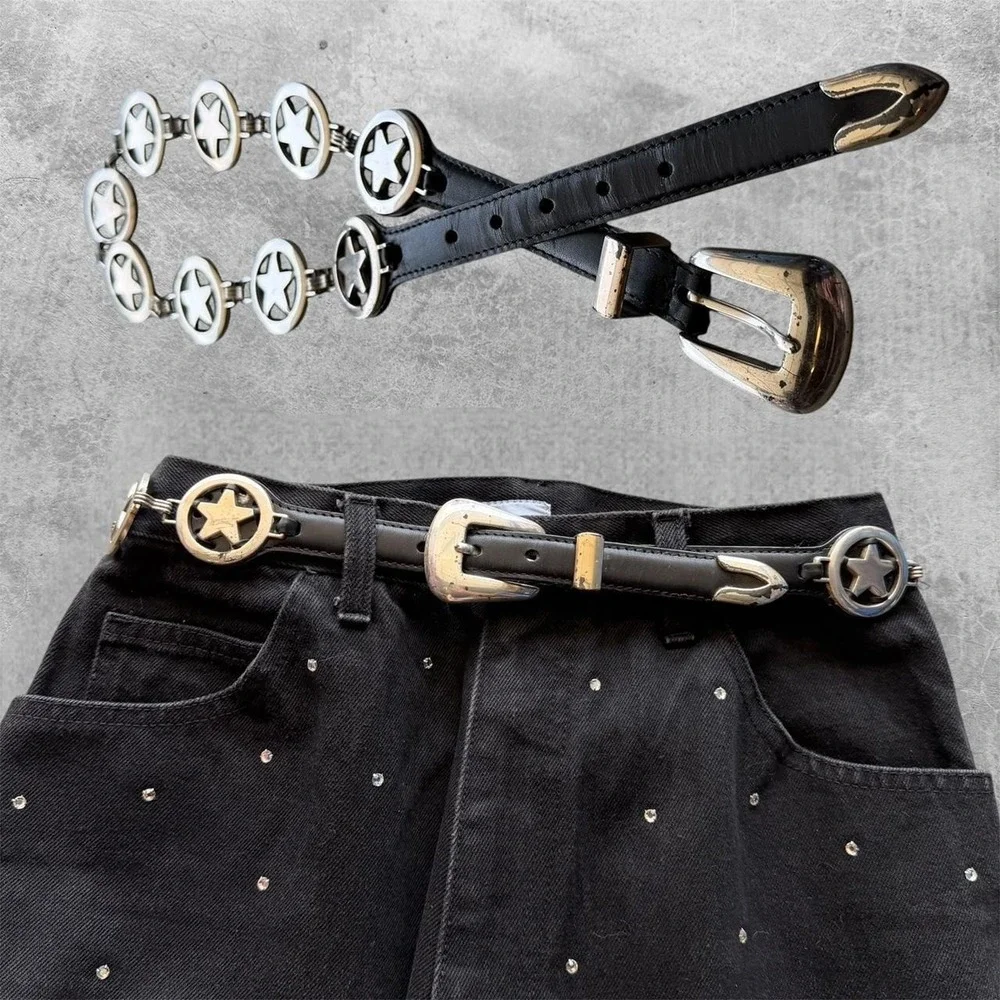 Vintage Black and Silver leather western belt  size 28 studded